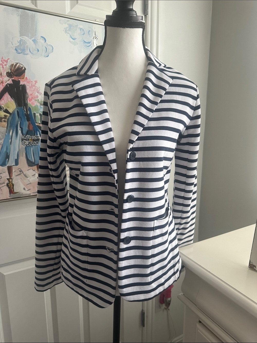 Tahari Navy and White Striped Knit Blazer